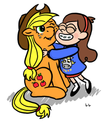 Size: 500x550 | Tagged: safe, artist:crypticannelid, applejack, earth pony, human, pony, crossover, eyes closed, gravity falls, grin, hug, hugging a pony, mabel pines, one eye closed, simple background, smiling, white background