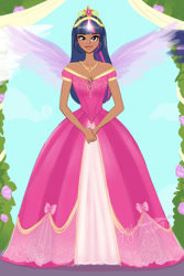 Size: 540x810 | Tagged: safe, artist:yunyin, twilight sparkle, human, g4, beautiful, big crown thingy, clothes, coronation dress, dark skin, dress, element of magic, female, gown, horn, horned humanization, humanized, jewelry, moderate dark skin, regalia, solo, winged humanization, wings