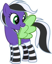 Size: 1778x2180 | Tagged: safe, artist:lightning stripe, derpibooru exclusive, oc, oc only, oc:lightning stripe, earth pony, pony, g4, april fools 2021, black and white mane, clothes, cross-eyed, cute, cutie mark, fake wings, female, green eyes, grooming, mare, preening, purple, show accurate, silly, simple background, socks, solo, striped socks, teeth, transparent background