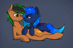 Size: 3000x2000 | Tagged: safe, artist:danger_above, oc, oc only, oc:moony blues, oc:patutu, bat pony, earth pony, pony, blushing, chest fluff, duo, ear fluff, high res, looking at each other, lying, simple background