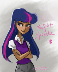 Size: 583x720 | Tagged: safe, artist:yunyin, twilight sparkle, human, g4, clothes, crossed arms, dark skin, female, humanized, shirt, solo, vest