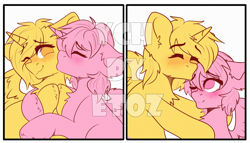 Size: 3500x2000 | Tagged: safe, artist:etoz, oc, oc only, pony, advertisement, auction, auction open, blushing, cheek kiss, commission, eyes closed, generic pony, happy, high res, horn, kissing, one eye closed, one eye open, smiling, wings, ych example, your character here