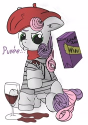 Size: 2508x3541 | Tagged: safe, artist:playful wings, sweetie belle, pony, unicorn, g4, beret, clothes, french, glass, grape juice, hat, high res, joke, juice, scarf, shirt, solo, spill, striped shirt, wine glass