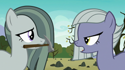 Size: 1920x1080 | Tagged: safe, screencap, limestone pie, marble pie, earth pony, pony, g4, the maud couple, eye contact, female, looking at each other, mare, mouth hold, open mouth, pickaxe, pie sisters, rock, rock farm, siblings, sisters, tree