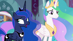 Size: 1920x1080 | Tagged: safe, screencap, princess celestia, princess luna, alicorn, pony, g4, the beginning of the end, crown, female, jewelry, mare, regalia, royal sisters, siblings, sisters