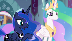 Size: 1920x1080 | Tagged: safe, screencap, princess celestia, princess luna, alicorn, pony, g4, the beginning of the end, crown, female, hoof shoes, jewelry, mare, regalia, royal sisters, siblings, sisters
