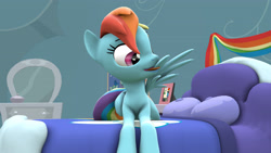 Size: 3840x2160 | Tagged: safe, artist:wissle, rainbow dash, pegasus, pony, g4, 3d, bed, female, grooming, happy, high res, mare, preening, rainbow dash's bedroom, rainbow dash's house, smiling, solo, source filmmaker