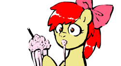 Size: 420x231 | Tagged: safe, artist:chiyoneun, apple bloom, earth pony, pony, g4, bow, hair bow, messy eating, milkshake, simple background, solo, white background