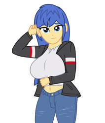 Size: 3500x4100 | Tagged: safe, artist:covight, flash sentry, equestria girls, g4, belly button, big breasts, breasts, busty flare warden, clothes, equestria guys, flare warden, jeans, pants, rule 63, simple background, solo, transparent background