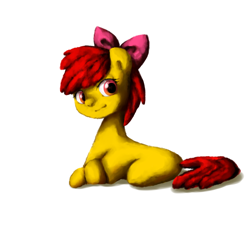 Size: 600x600 | Tagged: safe, artist:chiyoneun, apple bloom, earth pony, pony, g4, blank flank, bow, hair bow, lying down, simple background, solo, white background