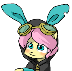 Size: 529x516 | Tagged: safe, artist:chiyoneun, fluttershy, pony, g4, bunny ears, bust, butterscotch, clothes, costume, dangerous mission outfit, goggles, hoodie, male, rule 63, simple background, solo, stallion, white background