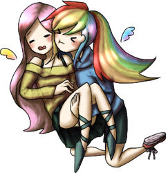 Size: 329x342 | Tagged: safe, artist:chiyoneun, fluttershy, rainbow dash, human, g4, :t, ><, bridal carry, carrying, clothes, cute, eyes closed, female, floating wings, humanized, lesbian, lifting, panties, ship:flutterdash, shipping, simple background, skirt, transparent background, underwear, upskirt, wings