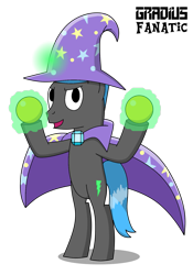 Size: 1187x1694 | Tagged: safe, artist:gradiusfanatic, oc, oc only, oc:andy, pony, unicorn, brooch, cape, clothes, hat, jewelry, magic, male, outfit, solo, stallion, trixie's brooch, trixie's cape, trixie's hat