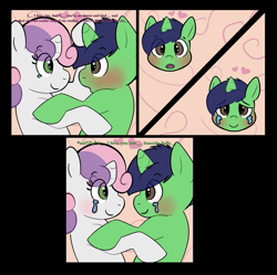 Size: 895x893 | Tagged: safe, artist:uniamoon, sweetie belle, oc, oc:swift brush, pony, unicorn, comic:padded desperation, g4, blushing, canon x oc, colt, crying, female, filly, heart, hoof in mane, hug, in love, looking at each other, love, male, needs more jpeg, needs more pixels, needs more resolution, smiling, snuggling, speech, surprised, talking, tears of joy, text, wingdings