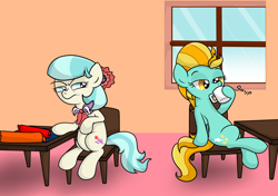 Size: 5740x4032 | Tagged: safe, artist:background basset, coco pommel, lightning dust, earth pony, pegasus, pony, g4, annoyed, chair, coffee, coffee mug, duo, fabric, female, mug, request, requested art, simple background, sipping, table, window