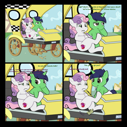 Size: 895x893 | Tagged: safe, artist:zombineko, sweetie belle, oc, oc:swift brush, pony, unicorn, comic:padded desperation, g4, bored, broken, canon x oc, carriage, colt, comic, crossed legs, diaper, diaper fetish, eye strain, fart, female, fetish, filly, male, need to pee, need to poop, needs more jpeg, needs more pixels, needs more resolution, non-baby in diaper, one eye closed, ponyville, potty emergency, potty time, sitting, speech, talking, taxi, text, tummy ache, wheel