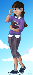 Size: 470x1046 | Tagged: safe, artist:iscribblechocotroll, twilight sparkle, human, g4, book, clothes, female, glasses, human coloration, humanized, natural hair color, pants, shoes, short pants, sky background, solo, sweater