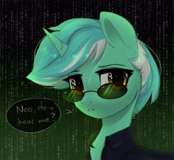 Size: 3500x3201 | Tagged: safe, artist:radioaxi, lyra heartstrings, pony, unicorn, g4, chest fluff, clothes, glasses, high res, solo, speech bubble, sunglasses, the matrix