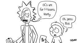 Size: 1200x675 | Tagged: safe, artist:pony-berserker, oc, unnamed oc, pony-berserker's twitter sketches, barely pony related, monochrome, morty smith, rick and morty, rick is trying to start shit, rick sanchez