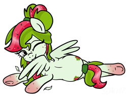 Size: 1758x1332 | Tagged: safe, artist:sjart117, oc, oc only, oc:watermelana, pegasus, pony, back, both cutie marks, feather, female, freckles, gradient hooves, grooming, lying down, mare, pegasus oc, preenhub, preening, simple background, solo, transparent background, underhoof, wings