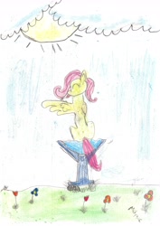 Size: 4960x7008 | Tagged: safe, artist:miky94c, fluttershy, pegasus, pony, g4, absurd resolution, cloud, eyes closed, flower, glass, grooming, preening, sitting, solo, sun, tongue out, traditional art