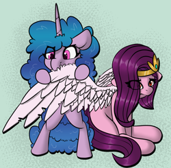 Size: 1521x1491 | Tagged: safe, artist:llametsul, izzy moonbow, pipp petals, pegasus, pony, unicorn, g5, annoyed, assisted preening, bipedal, duo, eye clipping through hair, feather, female, grooming, mare, nom, preenhub, preening, red eyes, red-eyed pipp, sitting, wings