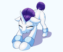 Size: 2000x1650 | Tagged: safe, artist:aquaticvibes, rarity, pony, unicorn, g4, alternate hairstyle, dock, eyes closed, female, floppy ears, hair bun, mare, simple background, solo, stretching, white background
