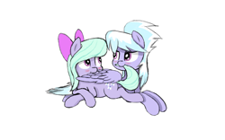 Size: 1600x1000 | Tagged: safe, artist:hsf, cloudchaser, flitter, pegasus, pony, g4, biting, blushing, female, grooming, looking at each other, lying down, preening, prone, siblings, simple background, sisters, tail bite, white background