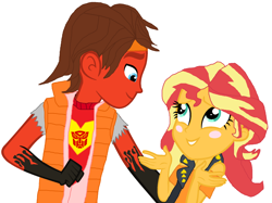 Size: 1280x955 | Tagged: safe, artist:starbreaker-firewalker, sunset shimmer, human, equestria girls, g4, blushing, clothes, couple, crossover, crossover shipping, duo, female, holomatter avatar, humanized, love, male, more than meets the eye, rodimus, shipping, straight, transformers