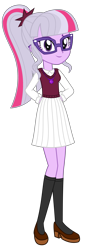 Size: 1500x4256 | Tagged: safe, artist:sketchmcreations, edit, editor:pagiepoppie12345, sci-twi, twilight sparkle, equestria girls, g4, alternate universe, casual, clothes, dress, elderly, female, glasses, hands behind back, mortal twilight, older, older twilight, recolor, simple background, smiling, socks, solo, sweater vest, transparent background, vector