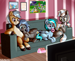 Size: 2952x2401 | Tagged: safe, artist:anibaruthecat, oc, oc only, oc:crystal shear, oc:dawnshine, pegasus, pony, unicorn, couch, donut, food, high res, mouth hold, sitting, television