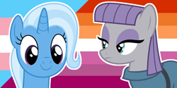 Size: 1000x500 | Tagged: safe, artist:prideponies, maud pie, trixie, earth pony, pony, g4, duo, female, lesbian, lesbian pride flag, pride, pride flag, ship:mauxie, shipping, shipping domino, transgender pride flag