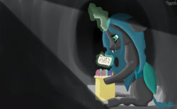 Size: 1280x792 | Tagged: safe, artist:tazool, queen chrysalis, changeling, changeling queen, g4, basket, crying, easter, egg, female, holiday, imprisoned, letter, sad, solo, stone