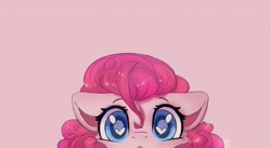 Size: 3500x1919 | Tagged: safe, artist:radioaxi, pinkie pie, earth pony, pony, g4, :o, colored pupils, cute, diapinkes, floppy ears, heart eyes, looking at you, open mouth, peeking, pink background, simple background, solo, soon, wingding eyes