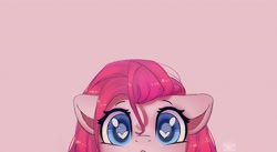 Size: 3500x1919 | Tagged: safe, alternate version, artist:radioaxi, pinkie pie, earth pony, pony, g4, colored pupils, cute, cuteamena, diapinkes, heart eyes, looking at you, pink background, pinkamena diane pie, simple background, soon, wingding eyes