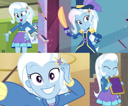 Size: 1448x1204 | Tagged: safe, screencap, trixie, do it for the ponygram!, equestria girls, equestria girls series, forgotten friendship, g4, street magic with trixie, clothes, collage, cute, diatrixes, eyes closed, female, hoodie