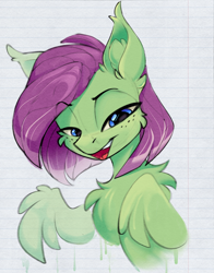 Size: 1708x2181 | Tagged: safe, artist:airfly-pony, oc, oc only, oc:watermelon success, pegasus, pony, cheek fluff, chest fluff, ear fluff, female, fluffy, freckles, lidded eyes, lined paper, mare, open mouth, solo, traditional art, wings