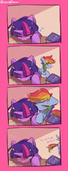 Size: 1600x4000 | Tagged: safe, artist:lexiedraw, rainbow dash, twilight sparkle, pegasus, pony, unicorn, g4, blushing, book, comic, cute, duo, duo female, exclamation point, eyebrows, eyebrows visible through hair, eyes closed, female, folded wings, high res, horn, interrobang, kissing, lesbian, mare, onomatopoeia, open mouth, question mark, ship:twidash, shipping, signature, sleeping, sound effects, wings, zzz