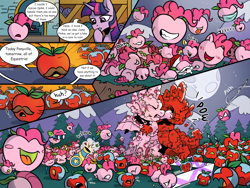 Size: 2000x1500 | Tagged: safe, artist:nancy-05, idw, bad apple, fili-second, pinkie pie, spike, twilight sparkle, living apple, g4, night of the living apples, spoiler:comic, spoiler:comic32, apple, apple pinkie, apple soldier, binoculars, blushing, clone, comic, exclamation point, face mask, fight, food, implied mirror pool, implied transformation, male, mask, multeity, night, party cannon, pinkie clone, power ponies, species swap, spider-man, tongue out, too much pink energy is dangerous, x eyes
