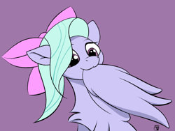 Size: 1100x825 | Tagged: safe, artist:naen, flitter, pegasus, pony, g4, bow, chest fluff, female, grooming, mare, preening, purple background, simple background, solo