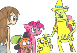 Size: 1024x702 | Tagged: safe, artist:cmara, pinkie pie, g4, adventure time, crossover, jake the dog, magic man, male, protecting, simple background, traditional art, wander (wander over yonder), wander over yonder