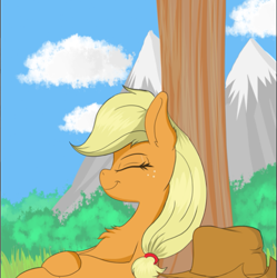 Size: 671x673 | Tagged: safe, artist:joaothejohn, applejack, earth pony, pony, g4, applejack's hat, cloud, cowboy hat, eyes closed, female, freckles, hat, mare, mountain, sleeping, smiling, solo, tree