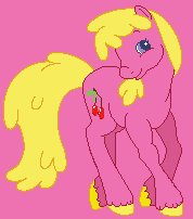 Size: 178x202 | Tagged: safe, artist:diamondbellefan25, artist:mommakip, cherry berry, earth pony, pony, g2, background pony, base used, close-up, female, g4 to g2, generation leap, mare, pink background, simple background, smiling, unshorn fetlocks