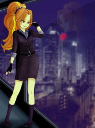 Size: 1800x2415 | Tagged: safe, artist:kuya64, adagio dazzle, human, equestria girls, g4, building, clothes, painted nails, reflection, skyline, smiling, solo, standing, window