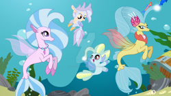 Size: 1024x577 | Tagged: safe, artist:velveagicsentryyt, princess skystar, silverstream, oc, oc:flitter feathers, oc:ocean, hippogriffon, hybrid, seapony (g4), g4, my little pony: the movie, bubble, deviantart watermark, female, fin wings, fins, fish tail, interspecies offspring, jewelry, necklace, obtrusive watermark, ocean, offspring, older, older skystar, parent:gallus, parent:silverstream, parents:gallstream, tail, treasure chest, underwater, water, watermark, wings