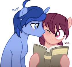Size: 1920x1785 | Tagged: safe, artist:limedazzle, oc, oc only, oc:allen, oc:james, pony, book, licking, male, simple background, stallion, tongue out, transparent background