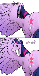 Size: 842x1637 | Tagged: safe, artist:mercurial64, derpibooru exclusive, twilight sparkle, alicorn, pony, g4, cropped, dialogue, female, grooming, hoers, looking at you, looking back, looking back at you, mare, onomatopoeia, preening, simple background, solo, twilight sparkle (alicorn), white background