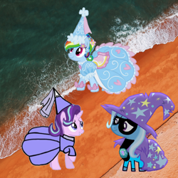 Size: 1080x1080 | Tagged: safe, artist:ashertristaxx12, rainbow dash, starlight glimmer, trixie, g4, beach, cape, clothes, costume, costume party, dress, dressup, froufrou glittery lacy outfit, happy, hat, having fun, hennin, looking at each other, looking at someone, looking up, mask, playful, playing, princess, smiling, smiling at each other, the incredibles