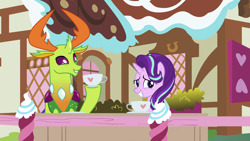 Size: 1920x1080 | Tagged: safe, screencap, starlight glimmer, thorax, changedling, changeling, pony, unicorn, g4, triple threat, cup, female, graveyard of comments, grin, king thorax, male, mare, smiling, teacup