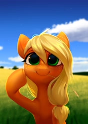 Size: 2894x4093 | Tagged: safe, artist:vensual99, applejack, earth pony, pony, g4, blurry background, bust, cloud, cute, female, freckles, hatless, high res, jackabetes, looking at you, mare, missing accessory, sky, solo, straw in mouth
